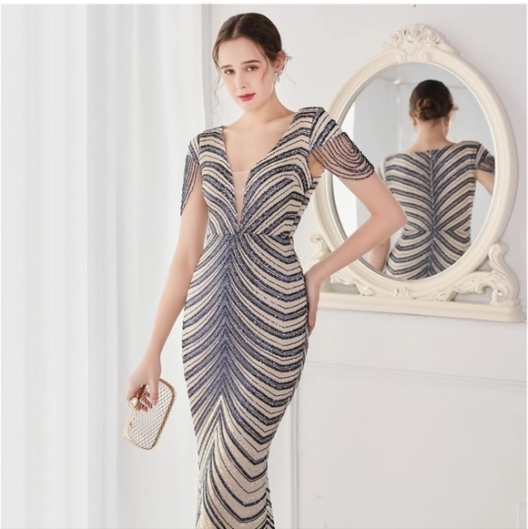 Navy/Ivory , Short Rhinestone Sleeves,  Sequined,  V Neck, Mermaid Maxi … - Picture 10 of 16